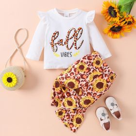 Autumn Girls' Printed Long Sleeve Floral Bell-bottom Pants Suit (Option: White-3to6M)