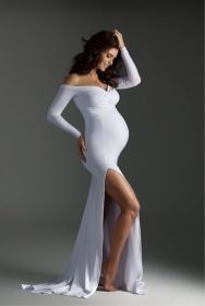 Cotton Maternity V-neck Slit Tail Dress (Option: White-XL)