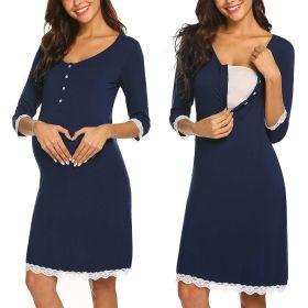 Pregnant Women Breastfeeding Five-point Sleeve Dress (Option: Navy Blue-L)