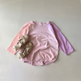 Contrast Color Long-sleeved Stitching Pullover Raglan Sleeve Jumpsuit (Option: Pink-1to3M)