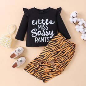 Autumn Girls' Printed Long Sleeve Floral Bell-bottom Pants Suit (Option: Black-3to6M)
