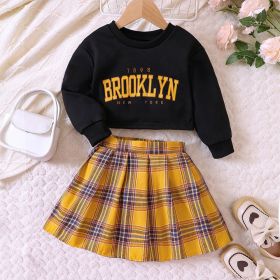 Girls Letter Print Sweatshirt Skirt Suit (Option: Black And Yellow-90cm)