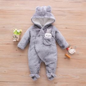 Baby Plush Cartoon Jumpsuit Fleece-lined Thickened Hooded Girls' Foreign Trade Special Romper (Option: Gray-0 To March)