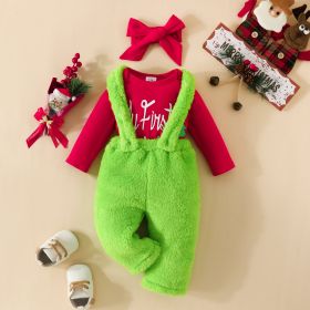 Christmas Style Suit Letters Long-sleeve Jumpsuit Green Furry Bib Headscarf Three-piece Set (Option: Red-0 To 3m)