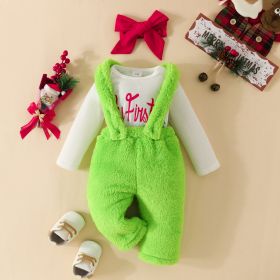 Christmas Style Suit Letters Long-sleeve Jumpsuit Green Furry Bib Headscarf Three-piece Set (Option: White-0 To 3m)