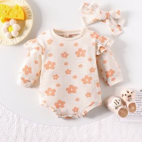 Solid Color Waffle Print Romper With Bow Suit (Option: Apricot-70cm)