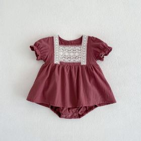 Infants And Children Baby Girls Lace Bubble Short-sleeved Jumpsuit (Option: Rose Red-90cm)