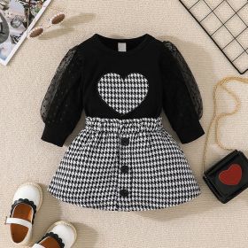 Infant Toddler Long-sleeved Pullover Skirt Two-piece Girl's Cute Love Top Tartan Skirt Suit (Option: Black-6 9M)
