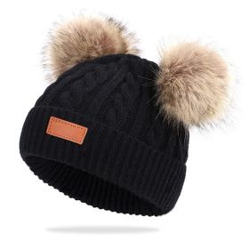 Cute Double Wool Pompom Baby Hat Children Cap Warm Autumn Winter Hats For Kids Boys Girls Knitted Warmer Beanie Caps Bonnet (Color: black, size: 0-3 Years)