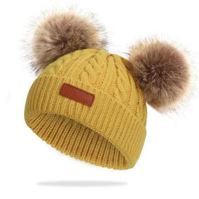 Cute Double Wool Pompom Baby Hat Children Cap Warm Autumn Winter Hats For Kids Boys Girls Knitted Warmer Beanie Caps Bonnet (Color: yellow, size: 0-3 Years)