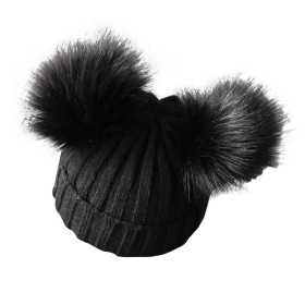 Cute Pompom Baby Hat Warm Winter Knitted Kids Baby Girl Boy Beanie Cap Solid Outdoor Infant Toddler Children Hat Bonnet (Color: black, size: 1-3 Years)