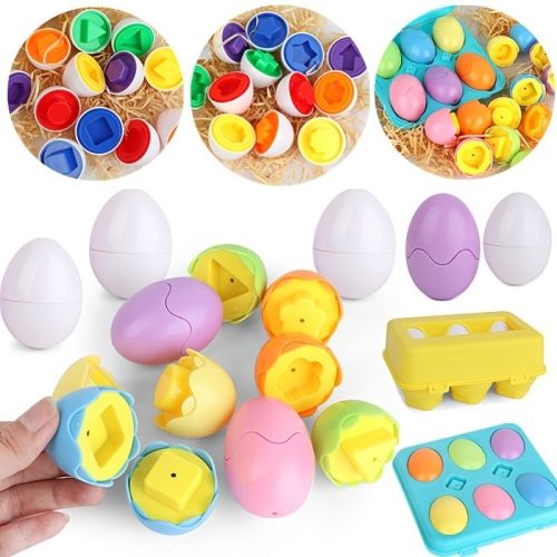 Color Shape Matching Eggs; Educational Easter Eggs Set Toy With Blue Egg Holder; Early Learning Shapes & Sorting Recognition Puzzle Skills Study For T