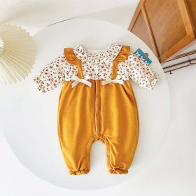 Baby Girl Ditsy Flower Pattern False 2 Pieces Design Thickened Thermal Jumpsuit (Color: yellow, Size/Age: 66 (3-6M))