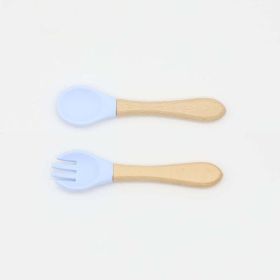 Baby Food Grade Wooden Handles Silicone Spoon Fork Cutlery (Color: Light Blue, Size/Age: Average Size (0-8Y))