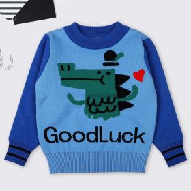Baby Boy Cartoon Dinosaur Graphic ColorBlock Sleeves Design Fashion Pullover Sweater (Color: Blue, Size/Age: 120 (5-7Y))