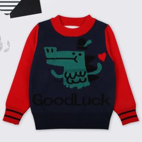 Baby Boy Cartoon Dinosaur Graphic ColorBlock Sleeves Design Fashion Pullover Sweater (Color: Navy Blue, Size/Age: 110 (3-5Y))