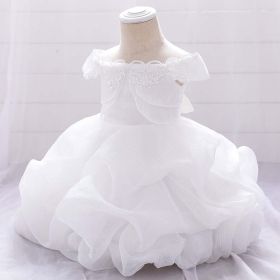 Baby Girl Solid Color One Shoulder Design Tutu Formal Dress Baptism Birthday Dress (Color: White, Size/Age: 73 (6-9M))