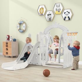 Toddler Slide and Swing Set 5 in 1, Kids Playground Climber Slide Playset with Basketball Hoop Freestanding Combination for Babies Indoor & Outdoor (Color: as Pic)
