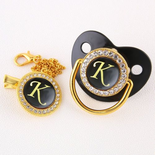 Black Bling Baby Pacifier And Clip Alphabet Letter Nipple