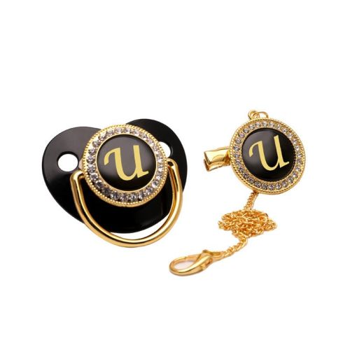 Black Bling Baby Pacifier And Clip Alphabet Letter Nipple