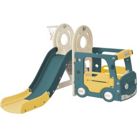 Kids Slide with Bus Play Structure; Freestanding Bus Toy with Slide for Toddlers; Bus Slide Set with Basketball Hoop (Color: yellow)
