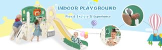 Kids Slide Playset Structure, Freestanding Castle Climbing Crawling Playhouse with Slide, Arch Tunnel, Ring Toss, and Basketball Hoop, Toy Storage Org