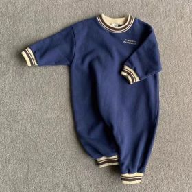 One-piece Long Climbing Solid Color Thread Collar Baby Bodysuit Fashion Shirt (Option: Dark Blue-80cm)