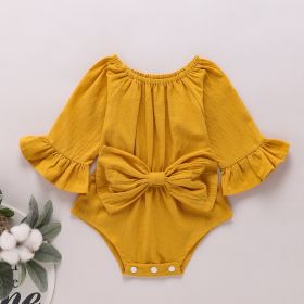 Girls' Solid Color Long Sleeve Bowknot Romper (Option: Yellow-90cm)