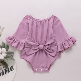 Girls' Solid Color Long Sleeve Bowknot Romper (Option: Violet-100cm)