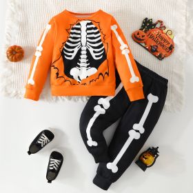 Halloween Bone Print Top And Trousers Two-piece Set (Option: Orange-4to5Y)