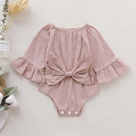 Girls' Solid Color Long Sleeve Bowknot Romper (Option: Pink Color-70cm)