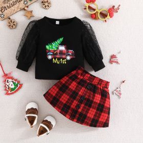 Infant Toddler Long-sleeved Pullover Skirt Two-piece Girl's Cute Love Top Tartan Skirt Suit (Option: Red-12 18M)