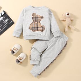 Three Colors Optional New Infant Boys And Girls Autumn Bear Printed Pants Sweater Suit (Option: Gray-6 9)