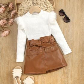 Autumn And Winter Children Cotton Sunken Stripe Long Sleeve Furry Top Irregular PU Skirt (Option: White-100cm)