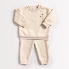 Chrysanthemum Embroidered Brushed Sweatshirt Leisure Suit (Option: Beige-110cm)