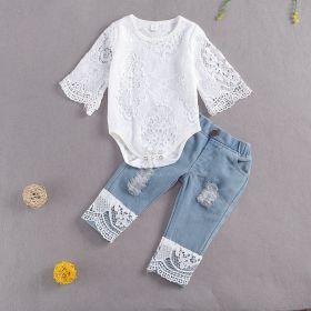 New Lace Half Sleeve Romper Ripped Denim Trousers Two-piece Set (Option: White-100cm)