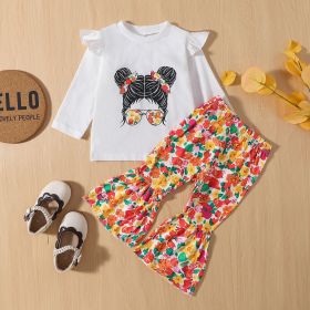 Autumn Girls' Printed Long Sleeve Floral Bell-bottom Pants Suit (Option: White 1-9to12M)
