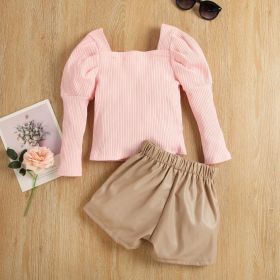 Girls' Bubble Long Sleeve Cotton Sunken Stripe Top Light Coffee Color Leather Pants Suit (Option: Pink-120cm)