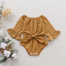 Girls' Solid Color Long Sleeve Bowknot Romper (Option: Turmeric-100cm)