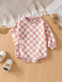 Baby Triangle Jumpsuit Chessboard Plaid Pullover Sweater (Option: Pink-90cm)